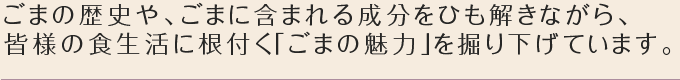 ごまの歴史や、ごまに含まれる成分をひも解きながら、皆様の食生活に根付く「ごまの魅力」を掘り下げています。